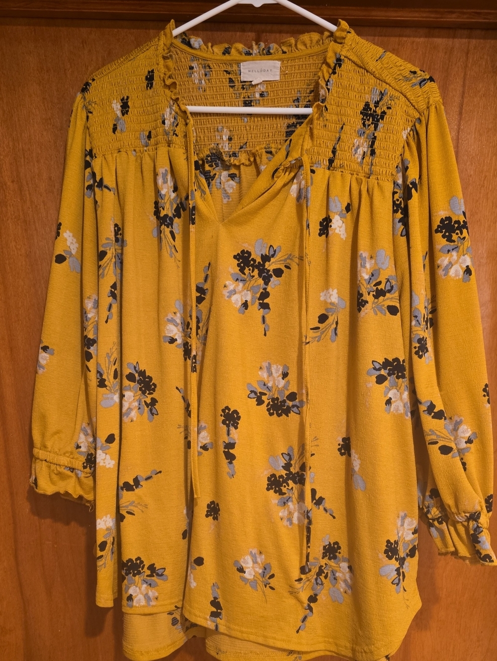 MELLODAY Mustard Floral Smocked Yoke Blouse